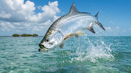 Fototapeta premium Silver Tarpon Fish Jumping Out of Water in Beautiful Blue Tropical Ocean