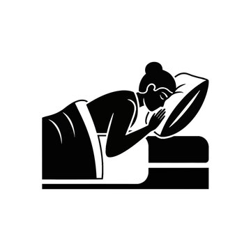 Minimalist black and white vector silhouette of a female figure sleeping on her side in a bed, featuring a pillow and blanket, depicting proper sleep posture and rest hygiene icon.