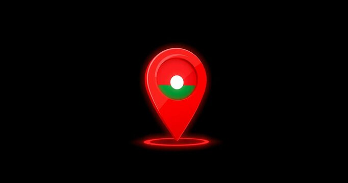 A glowing red map pin icon with a green and white symbol is shown on a black background.