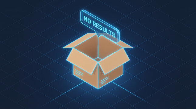 3D Isometric Empty Cardboard Box with Blue Neon Glowing Light and No Results Sign, Futuristic Search Found Nothing Concept, Empty Package Icon for Web Interface and UI Design