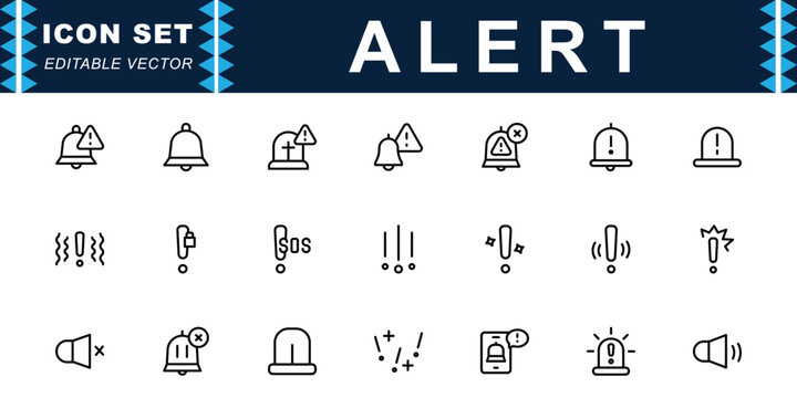 Alert icon set. Contains icons of warning bell, emergency siren, notification alert, SOS signal, megaphone alert, and alarm bell and more. Editable stroke. Vector illustration.
