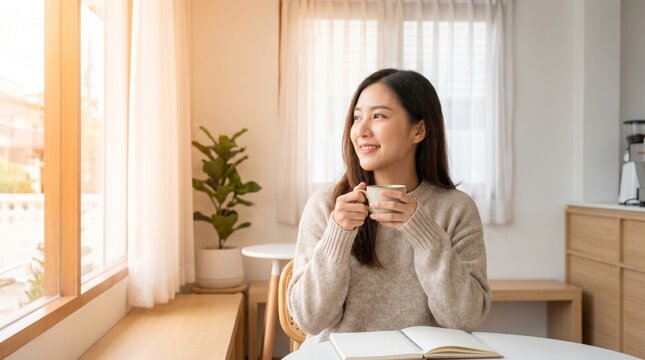 Cozy Indoor Scene with Young Woman Enjoying Coffee in Morning Light