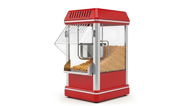 Red vintage popcorn machine with corn kernels isolated on white background