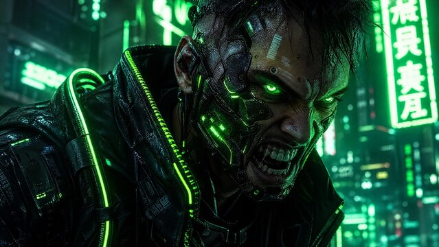 Futuristic Cyberpunk Cyborg Man with Green Neon Implants and Aggressive Expression