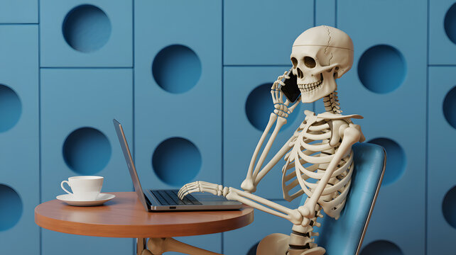 A skeleton sits at a desk working on a laptop with a cup of coffee