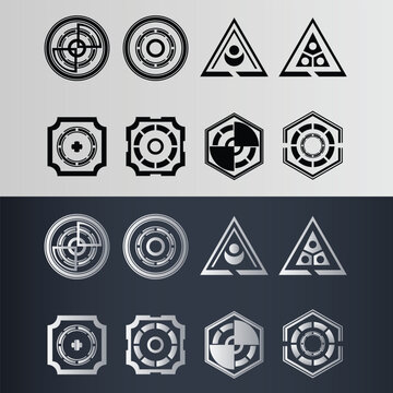 Editable geometric futuristic rarity icon pack for trading card games, sci fi interfaces, and collectible card systems. This vector set features triangle symbols, hexagon emblems, framed rarity badges