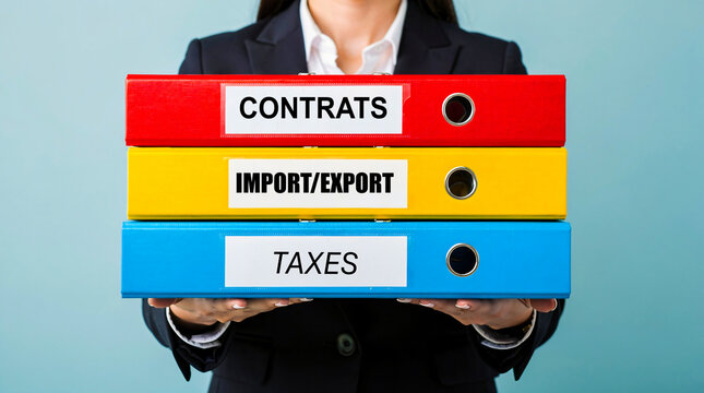 Femme comptable tenant 3 classeurs nomm&eacute;s contrat, import , export et taxes