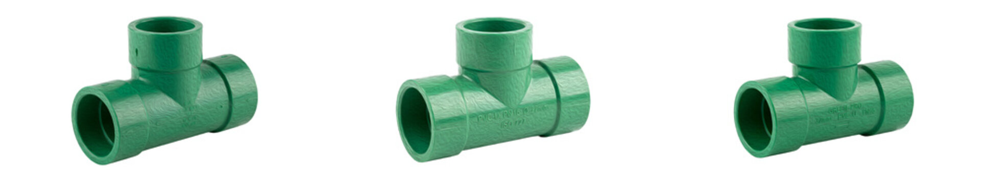 set of green PPR Pipe Tee Fitting on withe background PNG photo high quality''