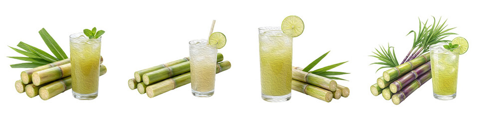 Fresh Sugarcane Juice with Ice and Lime: A collection of four refreshing summer drinks, isolated on white background, featuring natural green and purple sugar cane stalks. © Mr