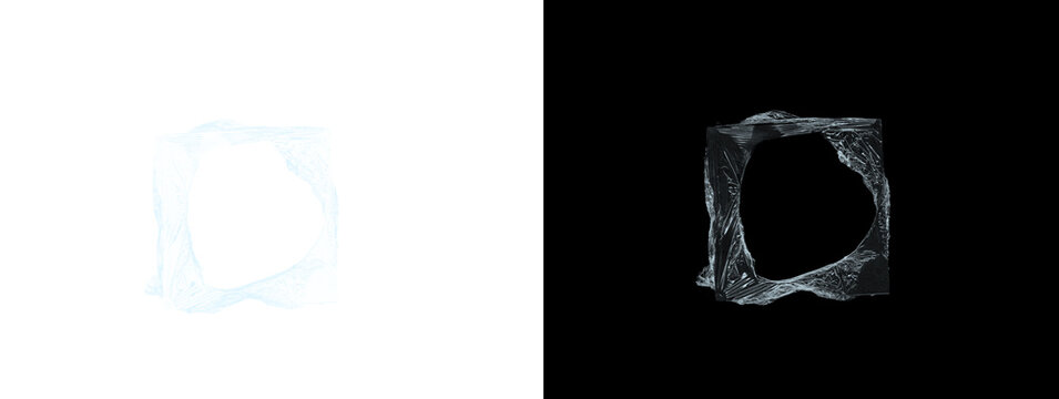 Transparent Plastic Sheet with Central Hole and Torn Edges on White and Black Split Background