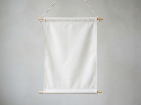 A white fabric banner hanging from a rope on a wooden dowel