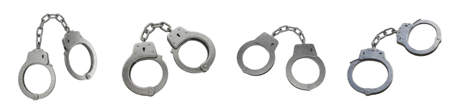 Four Sets of Professional Steel Handcuffs Isolated on White Background - Realistic Silver Metal Manacles and Police Restraints for Criminal Justice and Security Concepts.