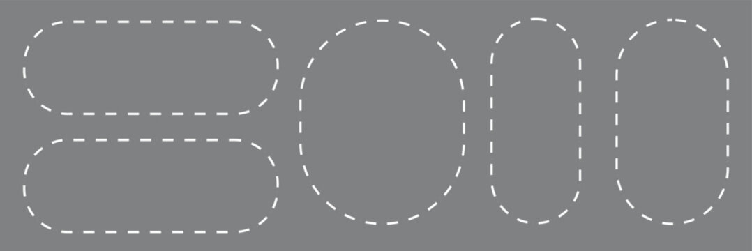 Set of rectangle shapes with dashed lines. Dotted geometric figures isolated on white background. Cut here pictograms for paper coupons or sale tags. Vector outline illustration.