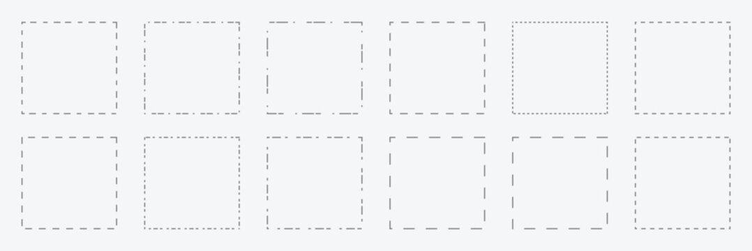 Set of rectangle shapes with dashed lines. Dotted geometric figures isolated on white background. Cut here pictograms for paper coupons or sale tags. Vector outline illustration.