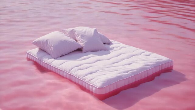 Modern bedroom concept with minimalist floating bed on pink water surface