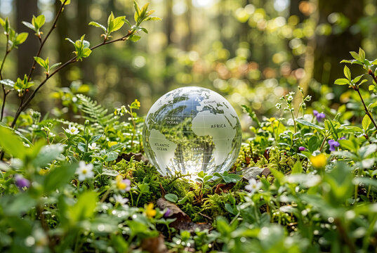 A clear crystal earth globe rests among vibrant spring wildflowers and moss in a sun-dappled temperate forest, conveying environmental protection and sustainability themes.