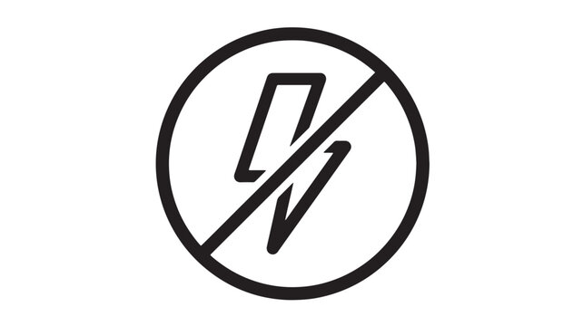 No lightning bolt sign icon with bold black slash symbol, electricity warning pictogram for safety and compliance