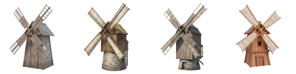 Collection of Four Traditional Medieval Wooden Windmills Isolated on White Background for Historical Architecture, Rural Farm Landscapes, Grain Milling, and Village Design © Mr