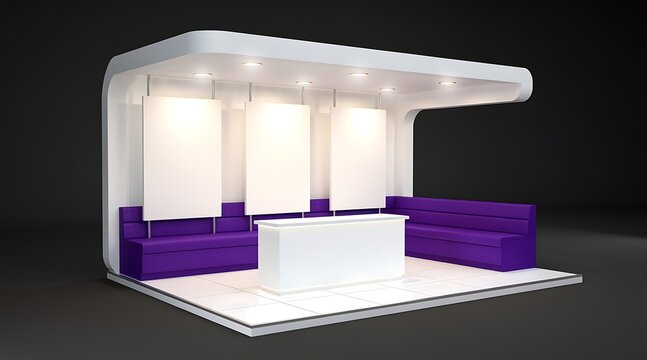 Modern exhibition booth design with purple seating and white display area.