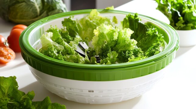 Fresh lettuce leaves in a green and white salad spinner on a kitchen counter.