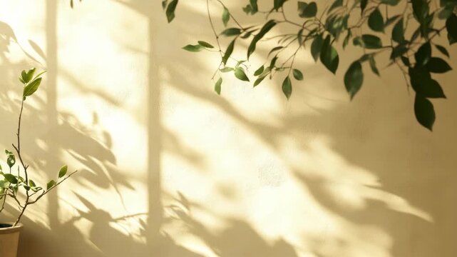 A tranquil outdoor space bathed in natural light, showcasing the interplay of shadows and sunlight on a wall.