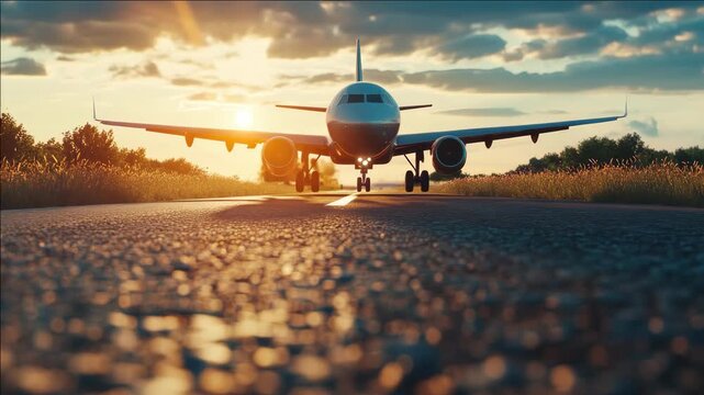 An airplane on a runway during a beautiful sunset.