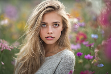 Naklejka premium European model young blonde woman with green eyes and freckles wearing a grey knit sweater, wind - tousled hair and direct gaze among pastel wildflowers