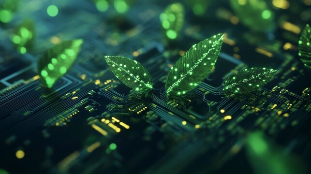 Glowing green leaves sprout from a circuit board, symbolizing technological advancements in environmental sustainability.
