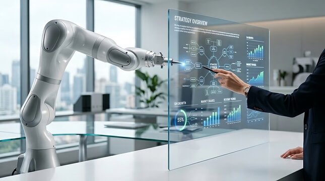 Robotic assistant collaborating with a person on a transparent touchscreen displaying data analysis in a modern office
