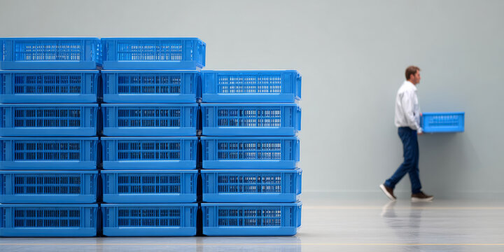 Man carrying blue plastic crate indoors