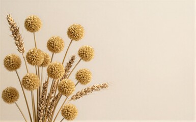Fototapeta premium Golden dried flowers and wheat stalks arranged against a soft beige