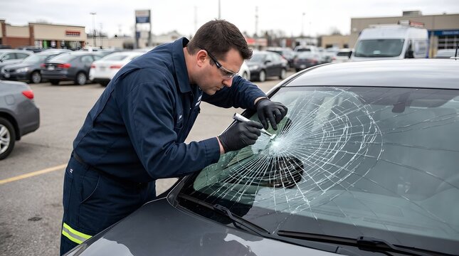Auto Glass Technician Wearing Blue Uniform Protective Gloves Inspecting Repairing Cracked Windshield of Car in Outdoor Parking Lot, Professional Automotive Windscreen Replacement Service