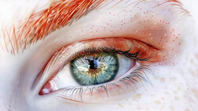 The captures the intricate details of a person's eye with vibrant pigmentation in shades of red and yellow. The focus is on the iris, showcasing its unique coloration.