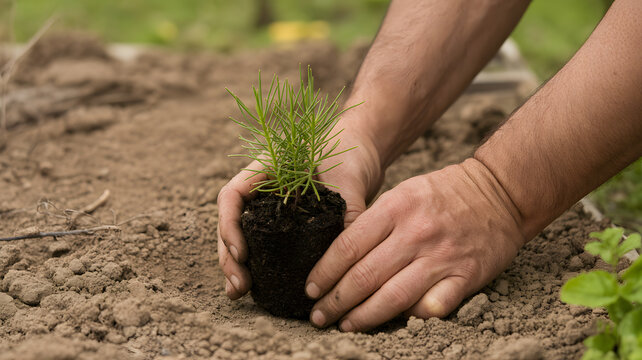 A person gently planting a small green sapling in the earth with their hands