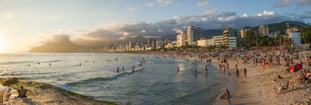 Panoramic of Ipanema beach at sunset, Rio de Janeiro, Brazil