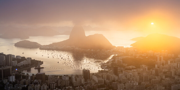 Panorama of Botafogo bay and Sugarloaf mountain in the fog at sunrise, Rio de Janeiro
