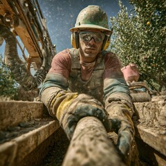 Fototapeta premium Intense focus: A worker's determined gaze through protective eyewear, gripping a cylindrical object, symbolizing industrial processes and human-machine interaction.