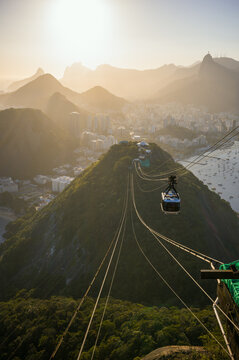 Cable car ascending to Sugarloaf mountain. Morro da Urca, Rio de Janeiro, Brazil