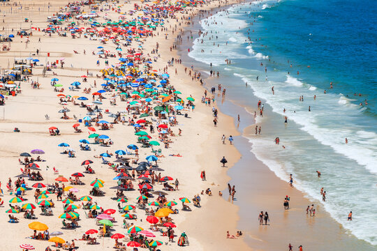 Aerial view of Copacabana beach with people in summer, Rio de Janeiro, Brazil