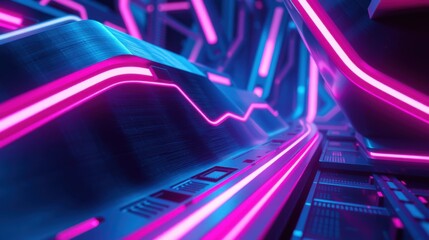 Fototapeta premium Futuristic tunnel, glowing neon lights. Complex circuitry, dark background creates dramatic effect. Digital aesthetic, vibrant colors dominate scene.
