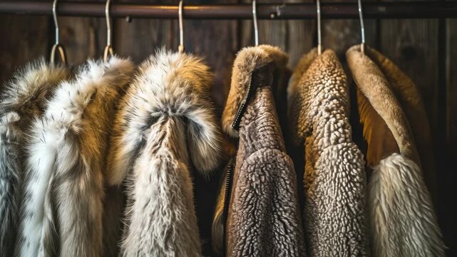 Cozy fur coats hang on wooden racks. Each coat features distinct textures and natural tones. Warmth and craftsmanship implied in every piece. Soft, earthy hues blend with rustic background