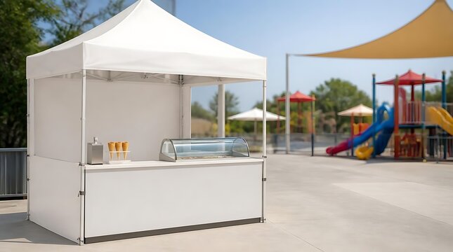 White outdoor tent with a counter set up in a park with playground equipment.