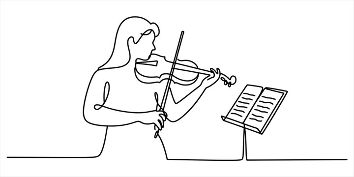 Continuous single line drawing of a woman playing violin with music stand