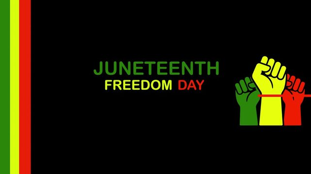 Juneteenth Freedom Day Animation with Pan-African Colors Green Yellow Red Stripes and Three Raised Fists on Black Background Celebrating African American Independence Emancipation and Black History