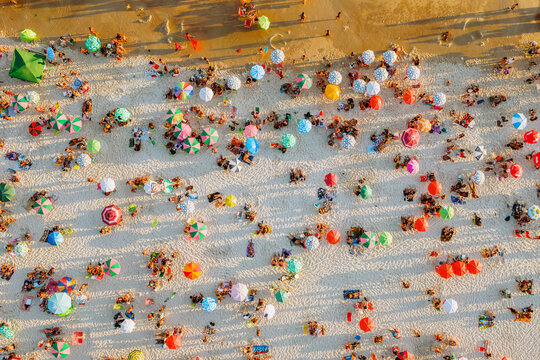 Aerial view of colorful umbrellas on Copacabana beach, Rio de Janeiro, Brazil