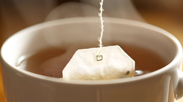 Steaming Hot Tea Bag Steeping in a White Mug Close Up.