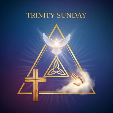 Trinity sunday symbol with cross, dove, and hand emerging from clouds, representing the holy trinity, on a blue background with gold accents and rays of light