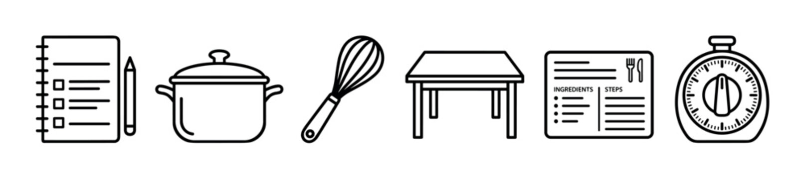 Set of black line art cooking icons including a checklist, pot, whisk, table, recipe card, and kitchen timer in a minimalist graphic style for culinary concepts