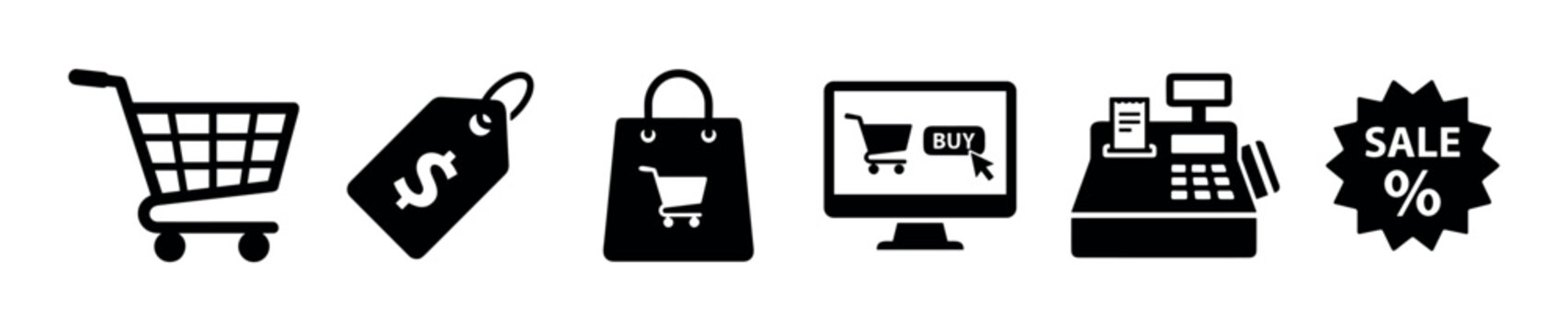 Collection of six black retail icons representing shopping, including a cart, dollar price tag, bag, online store checkout, cash register, and sale promotion badge
