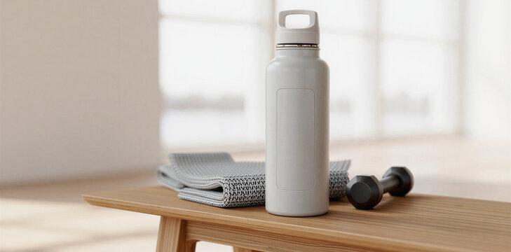 Reusable metal water bottle and dumbbell on wooden bench with dumbbell, wellness